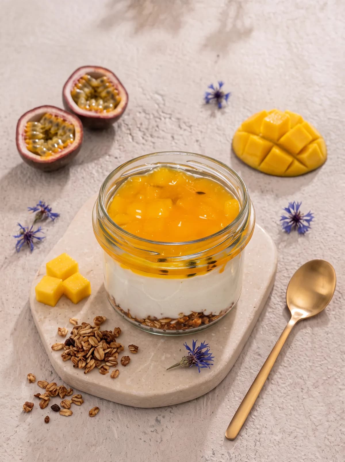 Skyrnik na zimno z granolą i polewą mango–marakuja